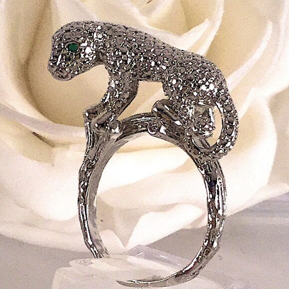 Vintage Sterling Silver Leopard Ring, Green Eyes Art Deco - Picture 2 of 12